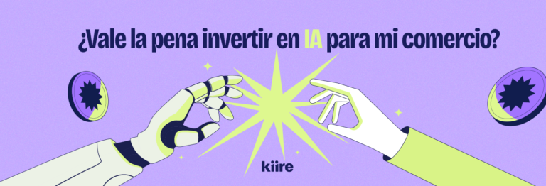 Es una ilustración de estilo futurista donde una mano robótica a la izquierda y una mano humana a la derecha se acercan para tocar un destello de luz central. Hay dos monedas grandes a los lados. El logotipo 'kiire' está debajo del destello. El fondo es morado.